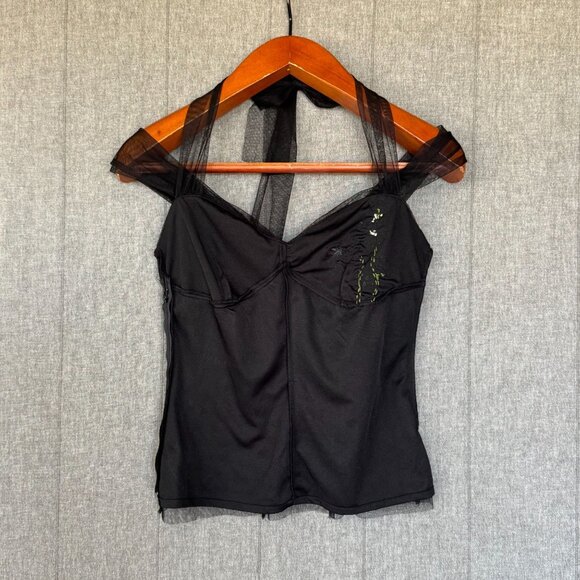 Vintage Y2K Charlotte Russe Black Tulle Satin Floral Applique Off Shoulder Top - Picture 12 of 15